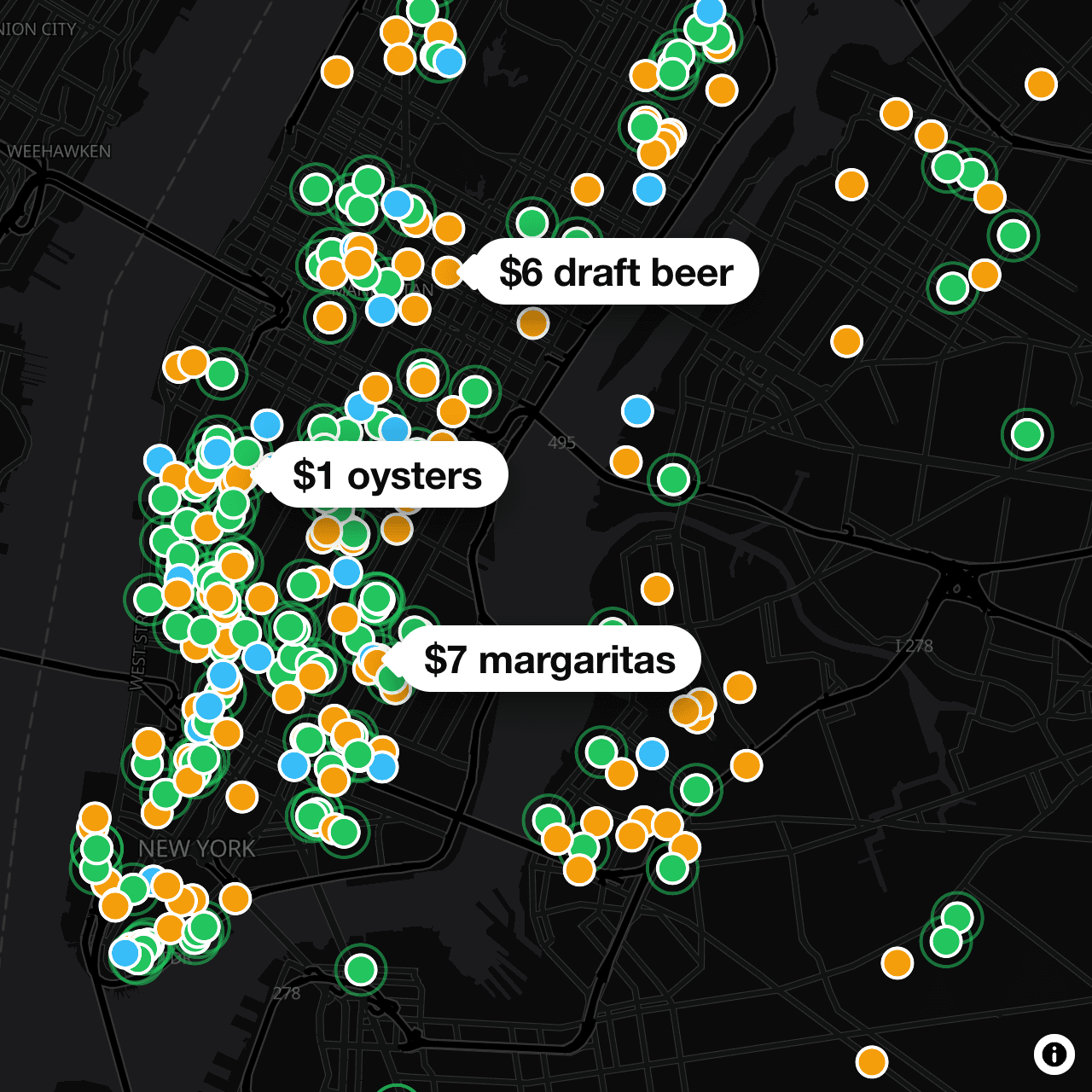 The Happy Hour Hunter map over Manhattan: hundreds of colour-coded pins with price tags for $1 oysters, $6 draft beer and $7 margaritas